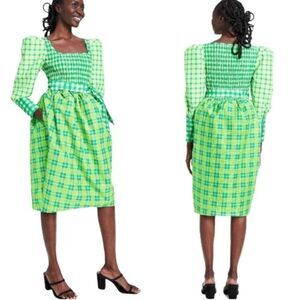 Christopher John Rogers Dress Women’s 6 Green Plaid Smocked Fit & Flare NWT